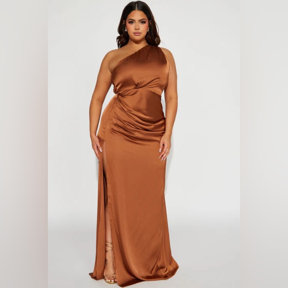 Fashion Nova Samantha Maxi Gown - Brown‎ Satin One Shoulder Dress - Size XL